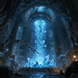 giant futuristic mining facility in a dark cave, digging, mining blue crystals, volumetric light, refining process, sci - fi buildings, cyberpunk machines, glass walls, low angle, intricate, highly detailed, trending on artstation, vray, 3 d, mate painting