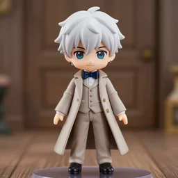 nendoroid aziraphale from good omens, good omens tv series, white curly short hair, beige suit, long coat, bow tie, michael sheen