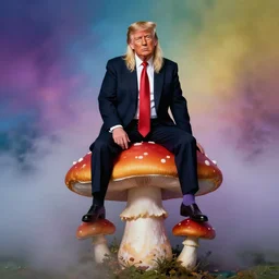 annie leibovitz photoshoot of donald trump sitting on a giant mushroom, vibrant colors, atmospheric, mist, magical, fantasy, studio lighting, soft focus
