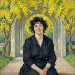 portrait of a happy middle aged italian woman with black hair and green eyes sits outside an art deco in and archway tunnel of laburnum trees in bloom painted by emile friant