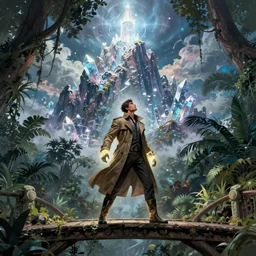 comic book art of a [ man ] in trenchcoat with ( glowing ) [ gloves ] and [ boots ] crossing a [ old ] bridge in a [ jungle ] looking up at a [ mountain ] made of crystalized rock, a [ glowing tower ] extends into the sky, low angle, artstation illustration, elegant, arcane by tim doyle