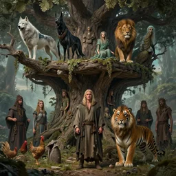 high intricate full shot of an anthropomorphic male druid in a tattered robe below an ancient tree house, hellhound, white wolf, lion, tiger, chicken, spirits, maria panfilova, andrea savchenko, mike kime, ludovic plouffe, qi sheng luo, oliver cook, david noren, trending on artstation