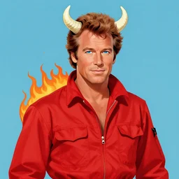 paul newman is a handsome devil, red jumpsuit, horns, flames, iconic blue eyes, hell, vintage illustration
