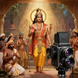 an epic cinematic scene from Ramayan, photograph by M F Hussain, shot on Mamiya large format film camera, trending on Flickr, detailed, 8K, HDR, HD,