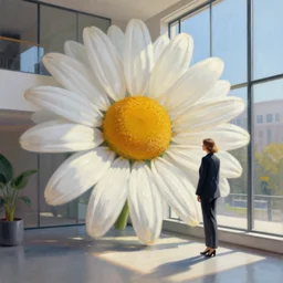giant daisy flower head, woman in suit, standing next to modern windows in luxury loft, surreal photography, sunlight, impressionist painting, digital painting, artstation, simon stalenhag