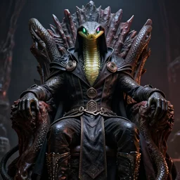 a realistic sanke from metal gear dressing necromancer clothes sited in a xenomorphic throne with glow neon eyes, finely detailed, 4 k, photorealistic, cycles engine,