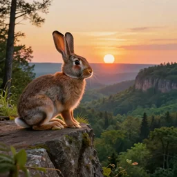 hyper realistic rabbit looking off of a cliff, sun setting behind rabbit, lush forest in valley below, painted by james gurney, gaston bussiere, craig mullins, j. c. leyendecker 8 k