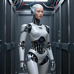 concept art of full - body robot with beautiful human face, posing in server room, wires, by pascal blanche rutkowski artstation blender detailed