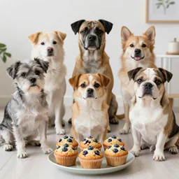 a grouping of dogs and blueberry muffins that similar to each other