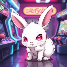 a small, cute, white, anthropomorphic with pink eyes rabbit in an arcade, there are arcade machines in the background, the rabbit has a mischievous look on their face, digital art, high detail, vibrant colors, neon lighting, 8 k, chibi, anime, adorable