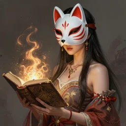 gorgeous!!! hyper - realstic sorceress with a kitsune mask, holding a tattered magical book, casting a spell | drawn by wlop, drawn by jeehyung lee, drawn by artgerm | fantasy, intricate, highly detailed, digital painting, character design, concept art, illustration, artstation