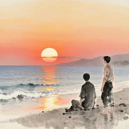 sun setting over the beach, chinese ink brush, yukio - e, kilian eng, victo ngai, josan gonzalez