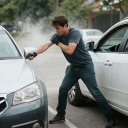 man punching a car