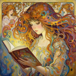 an hiper intricate oil painting of a girl reading a book!!!!!, hiper detailed hair flowing down, fluid acrilic art, melting colorful wax drips, excellent composition, by yoshitaka amano, by greg rutkowski, by alphonse mucha, by rhads, by ross tran, by art