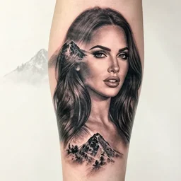 artistic double exposure effect tattoo design sketch of megan fox with beautiful mountains, realism tattoo, in the style of andrey lukovnikov, amazing detail, sharp