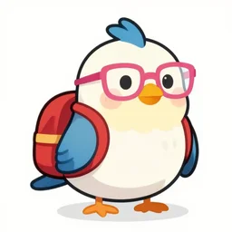 character of a bird wearing a red backpack and pink glasses, cartoon style