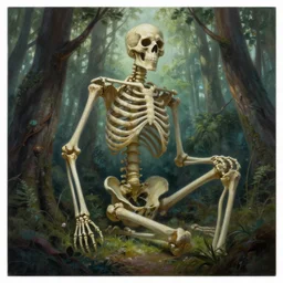 a painting of a large skeleton!!! in a forest, a detailed matte painting by marc simonetti, behance contest winner, fantasy art, matte painting, concept art, matte drawing. masterpiece