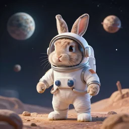 a realistic bunny rabbit wearing a space suit exploring a new planet
