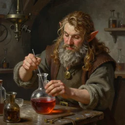 a highly detailed portrait painting of a young dwarf mixing a potion in medieval lab, hires, 4 k, artstation, deviantart, in the style of greg rutkowski
