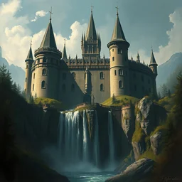 a painting of a castle with a waterfall in front of it, a detailed matte painting by tyler edlin. unreal engine 5, digital painting, vertical, intricate, beautiful, detailed, grunge, sharp focus, abstract art by kuvshino and el lissitzky and artgerm and kandinsky, trending on artstation. darker to bottom