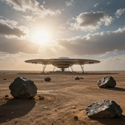 in the distance, a huge ground space station sits on the ancient silk road, the sun shines on the ground through the clouds, and huge ore sits all around, epic lighting, cinematic compositon, hyperrealistic, 8 k