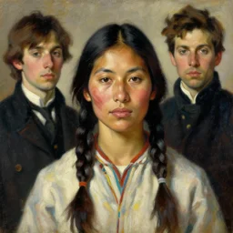 a stunning masterful portrait of a confident native american woman with braided hair and a traditional painting on her cheek by andrew wyeth, john singer sargent, and norman rockwell, natural light, oil painting, ethereal, wong kar wai, strong brushwork