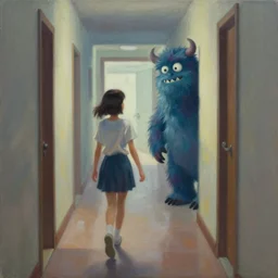 a painting of a girl walking in a hallway and suddenly sees a monster in the corridor, artstation