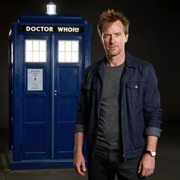 still portrait of hugh laurie standing next to the tardis from doctor who, au naturel, hyper detailed, digital art, trending in artstation, cinematic lighting, studio quality, smooth render, unreal engine 5 rendered, octane rendered, art style by klimt and nixeu and ian sprigger and wlop and krenz cushart.