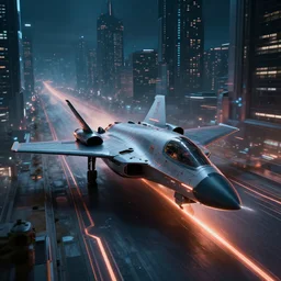 futuristic sci fi jet lands at runway of cyberpunk city, night photo ,cinematic lighting , digital concept art