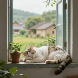 sleeping cat on window, inside house in village, plants, trending on artstation