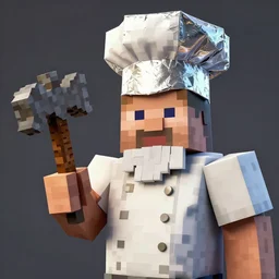 chef with a tinfoil hat, long white beard, holding a minecraft pickaxe, digital art, detailed, octane, unreal engine 5