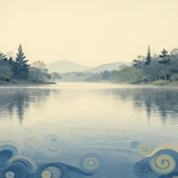 a serene morning at the lake, fractal. japanese embroidery. retro minimalist art by jean giraud and van gogh.