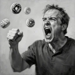 painting by jon hale!! of gene takovic from better call saul, black and white, monochromatic, screaming, cinnabons flying, angry, fist flying, blurred brush strokes, hd, visible texture, sad, great composition