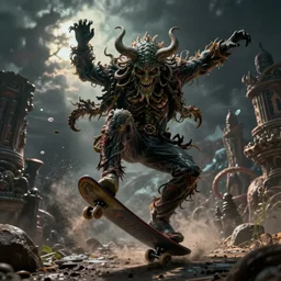 lovecraftian horror cthulhu doing a kickflip, unreal engine, extremely detailed