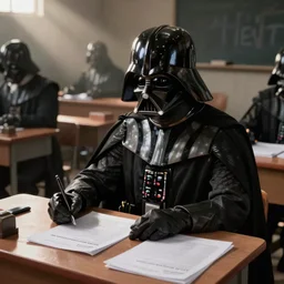 Darth Vader sitting at a desk in an exam hall, doing his A-Level exams