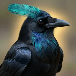 beautiful black raven bird with long turqoise feather highlights, cute, intricate, highly detailed, digital painting, trending on artstation, concept art, smooth, sharp focus, backlit, rim light, vivid colors, illustration, unreal engine 5, 8 k, art by rossdraws and alphonse mucha