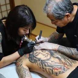 woman getting tattoo traditional japanese on floor with old man tattooing photorealistic high detail