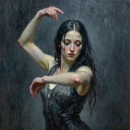 highly detailed painting of a beautiful young woman, dancing in the rain, intricate, high quality oil painting artstyle, in the style of anna dittmann, deviantart, figurative art, deviantart, ilya kuvshinov, lovecraftian, very detailed face, portrait