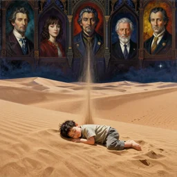realistic detailed image of a little  small boy sleeping in a huge sand desert. a !!thin stream of sand!!! falls from the sky in to eternal eternity doom of outer space.  by  Ayami Kojima, Amano, Karol Bak, Greg Hildebrandt, and Mark Brooks, Neo-Gothic, gothic, rich deep colors. Beksinski painting, part by Adrian Ghenie and Gerhard Richter. art by Takato Yamamoto. masterpiece