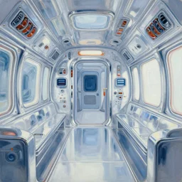 a still life painting, spaceship interior, centered perspective, bright and chrome retrofuturistic. futuristic touchscreens. realistic expressionist in the style of noriyoshi ohrai and syd mead