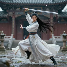 An epic fantasy comic book style portrait painting of a gorgeous sword dance Chinese costume woman , by WLOP trending on pinterest and artbreeder, long hair, smoke, flowers rain everywhere, full body XIANXIA, Chinese temple, depth of field by Yoji Shinkawa 4k