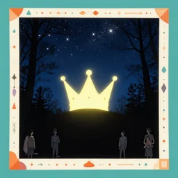 a glowing crown silhouette under a sky full of stars in a forest in england, sunburst, sense of longing, rule of thirds, clever design, decorative modern graphic design collage border, by hannah hoch and jesse treece and christian jackson and josh brill