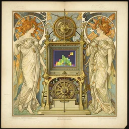 beautiful, symmetric, art nouveau, detailed, intricate technical drawings on parchment from 1 8 4 0 with extensive written labels and covered in scribbled pencil notes, for a mechanical display attachment to babbage's difference engine, showing a screen playing tetris, by ron cobb and alphonse mucha