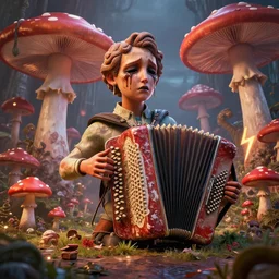 by nadezda and david stoupakis, visually stunning, cinematic, ultra realistic, hyper realism, 1 2 k, epic, octane render, unreal engine, vfx, maya, a statue of filet mignon : accordion city, the shroomsical world 🙏❤🍄⚡ : gargantuan disappointment of crying souls