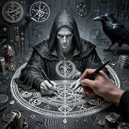 necromancer drawing a circle around himself, oto, crowley, highly detailed face, magick, technology, sigils, circuit board setting, rutkowski,