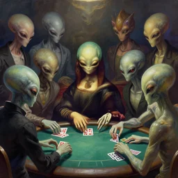 aliens playing poker, masterpiece digital painting, by Moebius, by Leonardo Da Vinci, by Ilya Kuvshinov, by Tite Kubo, by Monet, by Frank Miller, brush strokes, stunning, gorgeous, 4k wallpaper, detailed alien faces, creature designs by Junji Ito