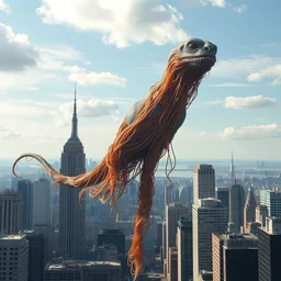 a photograph of the giant flying spaghetti monster in new york city sky, 8 k photograph, sharp focus, hyper detailed