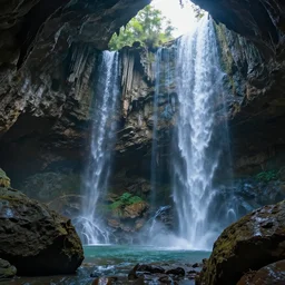 a vast glittering cave system with waterfalls and rock formations. HD, 4k, unreal engine, dramatic lighting,