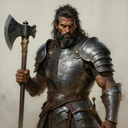 painting of badass warrior lord, simple plate armor, muscles, axe, dark skin, messy hair and beard, sharp focus, award - winning, trending on artstation, masterpiece, highly detailed, intricate. art by rebecca guay