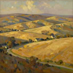 this painting captures the beauty of the countryside in all its simplicity. the rolling hills and fields are bathed in a warm, golden light, and the peaceful scene is punctuated by a few small houses and a winding road. the brushwork is loose and expressive, and the overall effect is one of serenity and calm. by joseph stella, by dora carrington, by evelyn de morgan amorphous